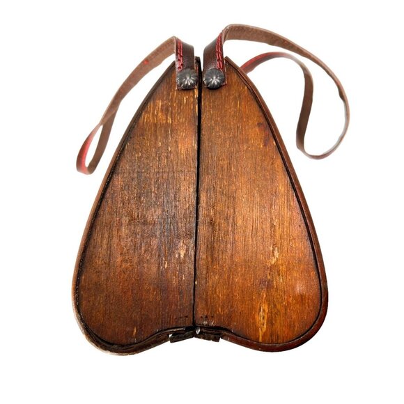 Vintage Wooden & Woven Leather Handbag Purse Brass Latch Hinges Straps - Picture 4 of 16